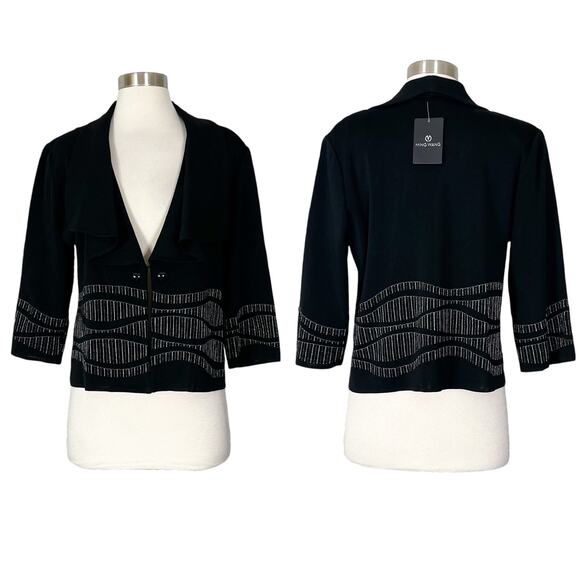NEW Ming Wang | Silver Embroidered Black Knit 3/4 Sleeve Cardigan Jacket S NWT - Picture 1 of 9